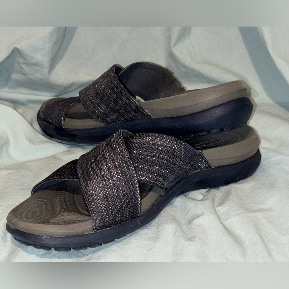 CROCS | Women's Navy Sparkle Crisscross Slide Sandals - Picture 6 of 7